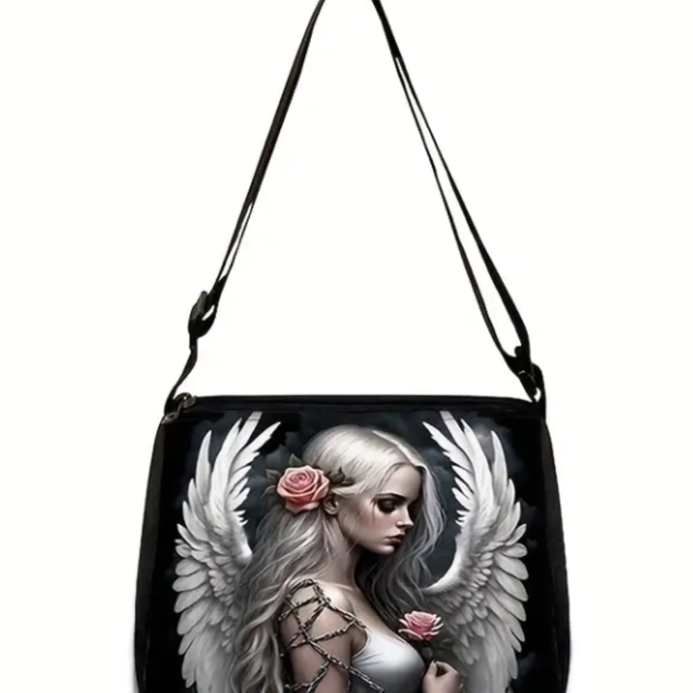 Gothic Fallen Angel Wing & Skull Rose Art Print Women's Shoulder Bag